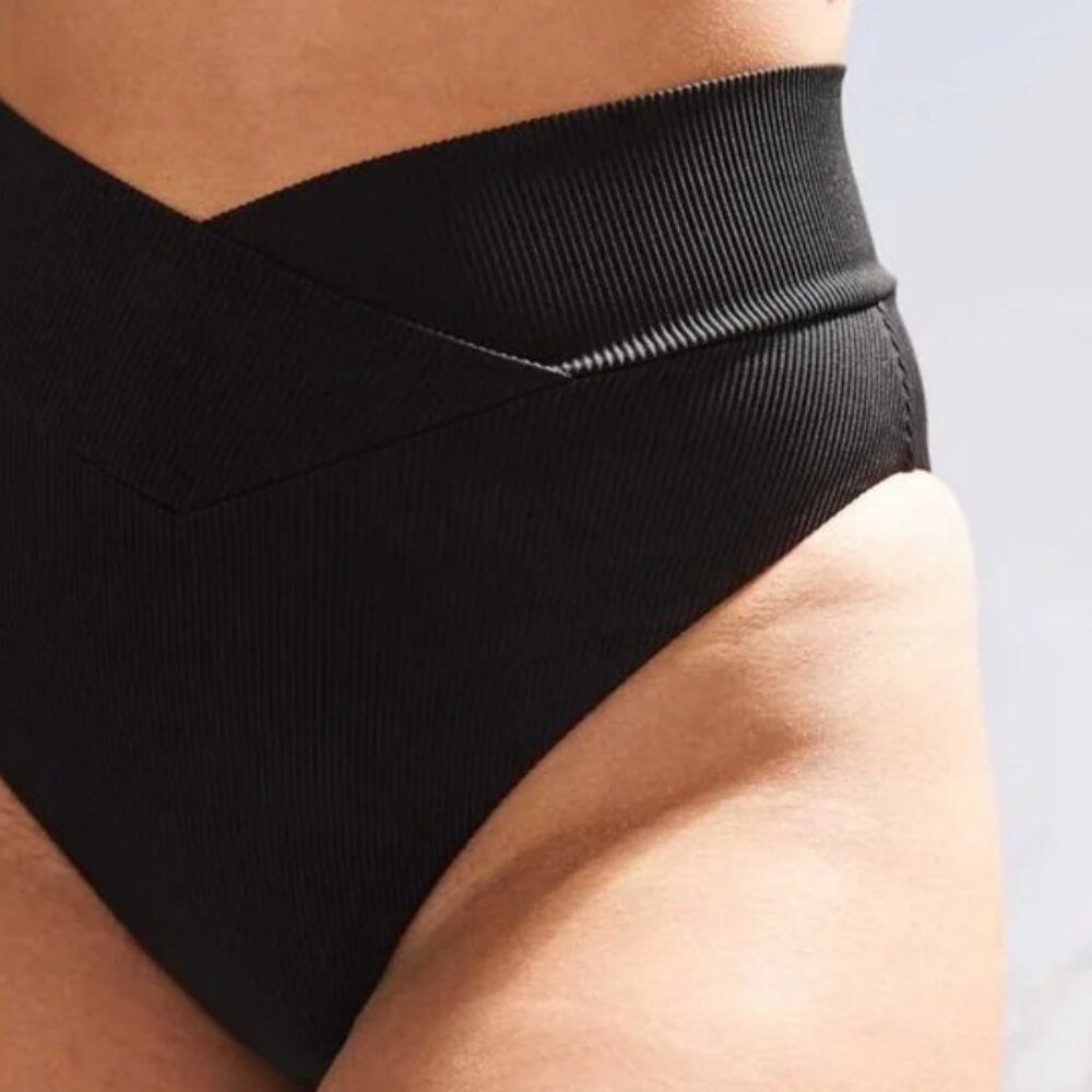 Aerie High Cut Cheeky Black Ribbed Crossover Bikini Set Bottoms Top Small Swim S - Picture 4 of 11